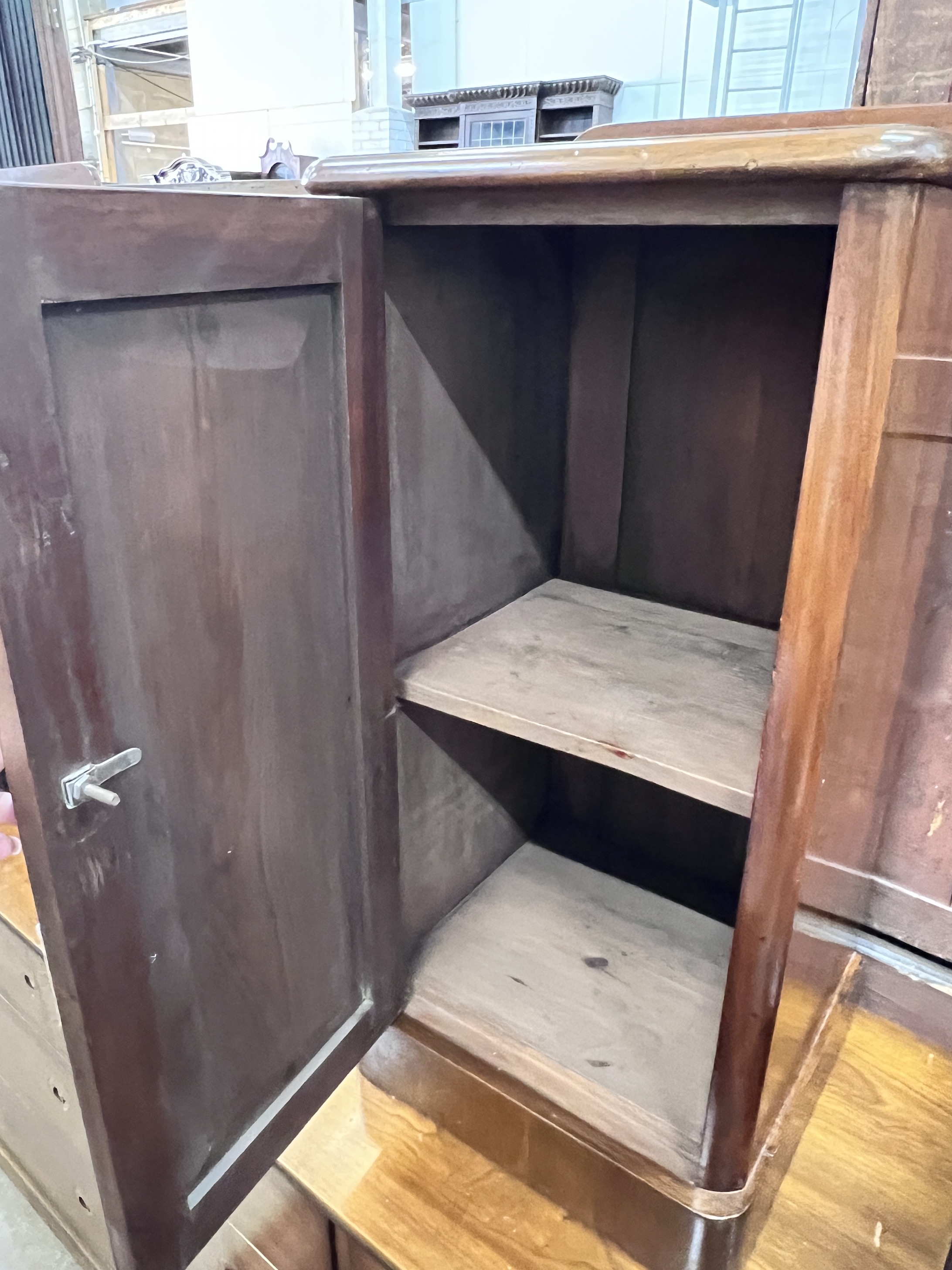 A pair of Victorian style mahogany bedside cupboards, width 39cm, depth 33cm, height 82cm